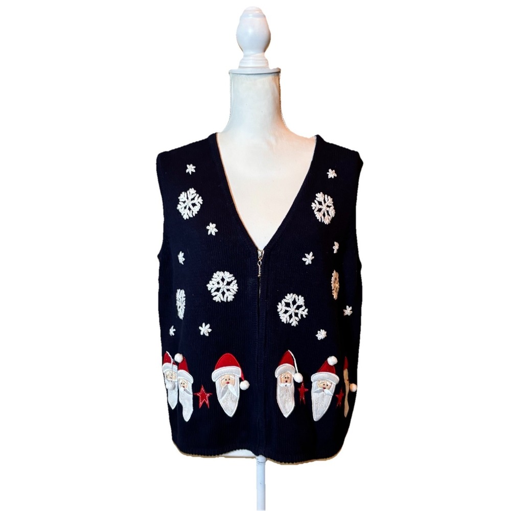 Timberlea Christmas Sweater Vest‎ Womens L Navy Santa Snowflake Zip Up